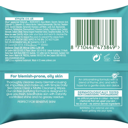 SIMPLE 25 CT - FACIAL WIPES DAILY DETOX - ToskiShop