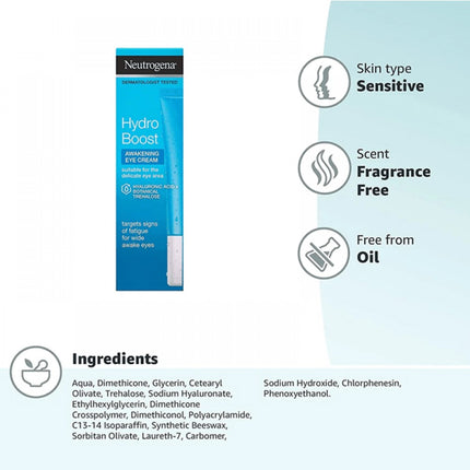 Neutrogena Hydro Boost Under Eye Cream, with Purified Hyaluronic Acid, Keeps Under Eye Area Looking Smooth & Hydrated, Fragrance Free and Non-Comedogenic, 0.5 oz - ToskiShop