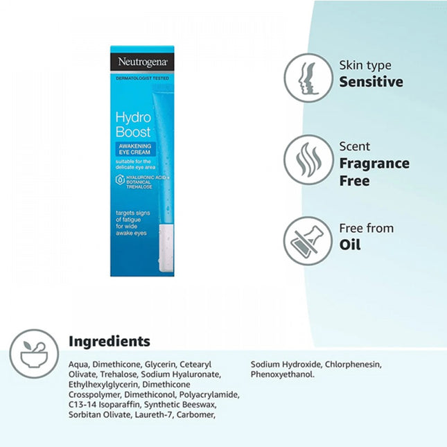 Neutrogena Hydro Boost Under Eye Cream, with Purified Hyaluronic Acid, Keeps Under Eye Area Looking Smooth & Hydrated, Fragrance Free and Non-Comedogenic, 0.5 oz - ToskiShop