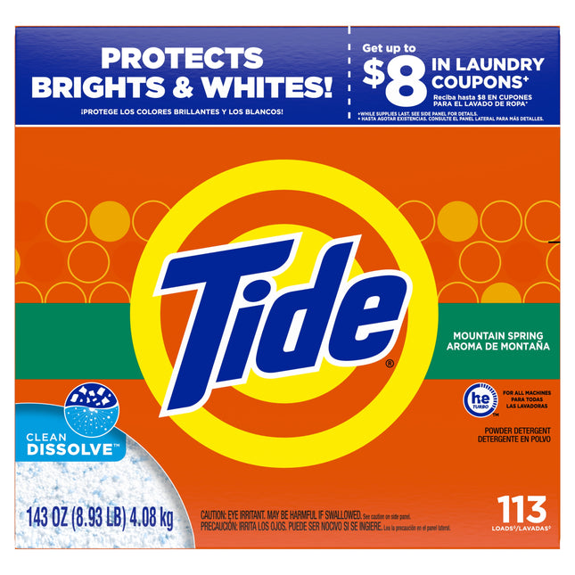 Detergente en polvo para ropa Tide, Mountain Spring, 113 cargas, 143 oz