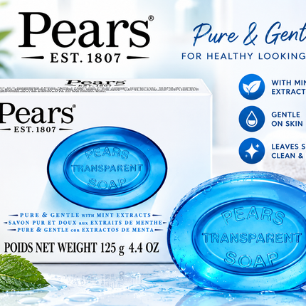 Pears Puro y Suave con Extractos de Glicerina y Menta - Jabón en Barra - Azul - 2 unidades