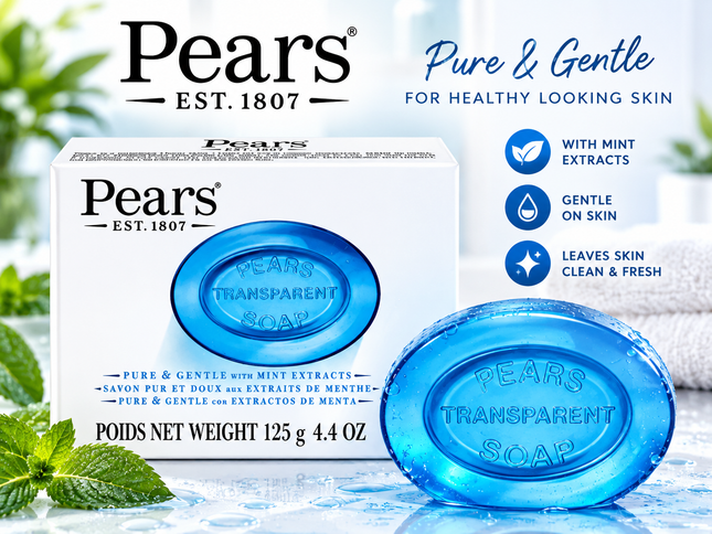 Pears Pure and Gentle with Glycerin and Mint Extracts - Bar Soap - Blue - 2 pc