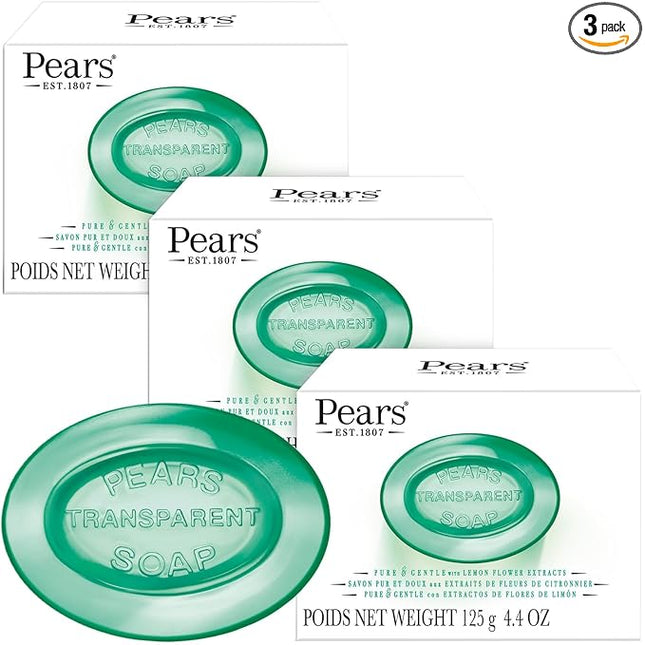 Jabón Pears, puro y suave con extracto de flor de limón, paquete de 2 – Jabón de glicerina verde transparente para una piel radiante y luminosa, 3.53 oz