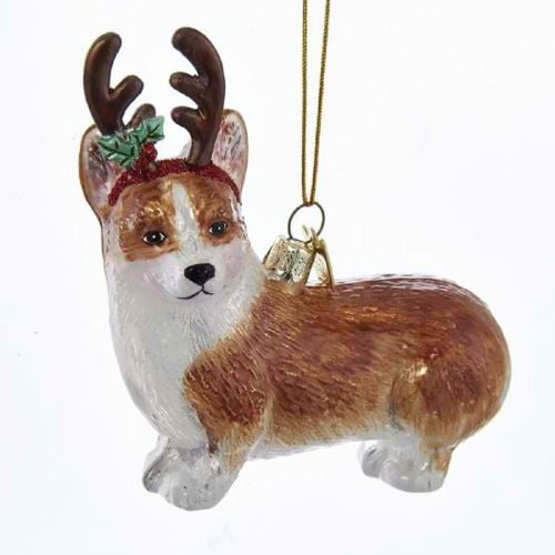 Kurt Adler Noble Gems 4.25-Inch White and Brown Pembroke Welsh Corgi with Antlers Christmas Ornament - ToskiShop